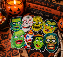 Load image into Gallery viewer, Retro Halloween Monster Masks Sticker Pack

